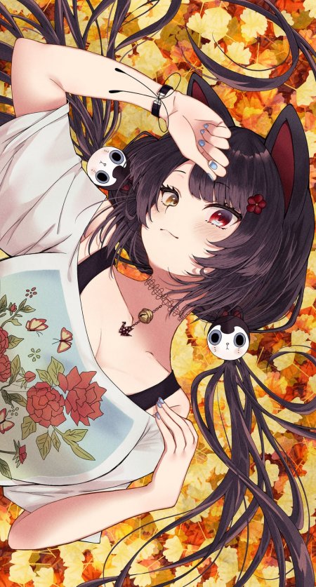 黑发猫耳少女秋叶背景异瞳动漫手机壁纸