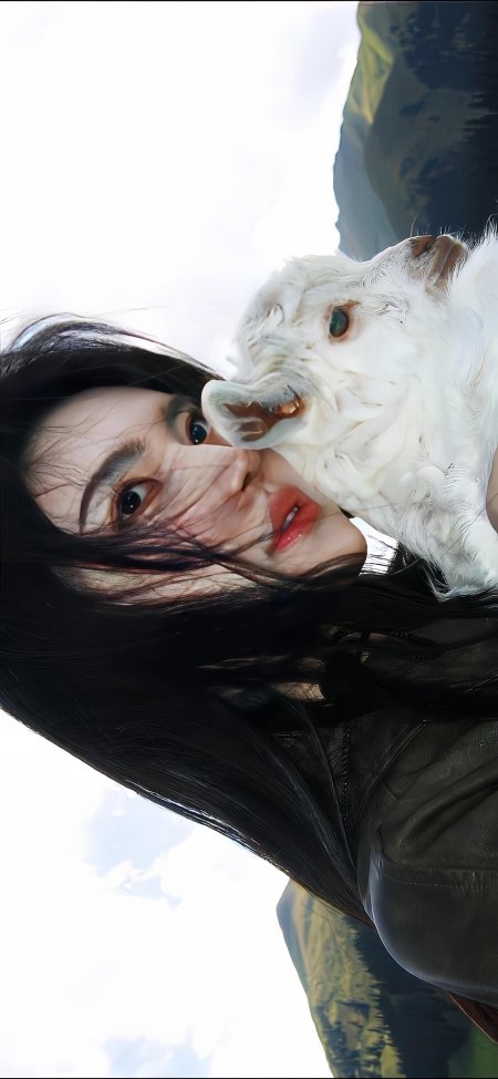 黑发美女怀抱白犬山野背景暖调人物摄影手机壁纸