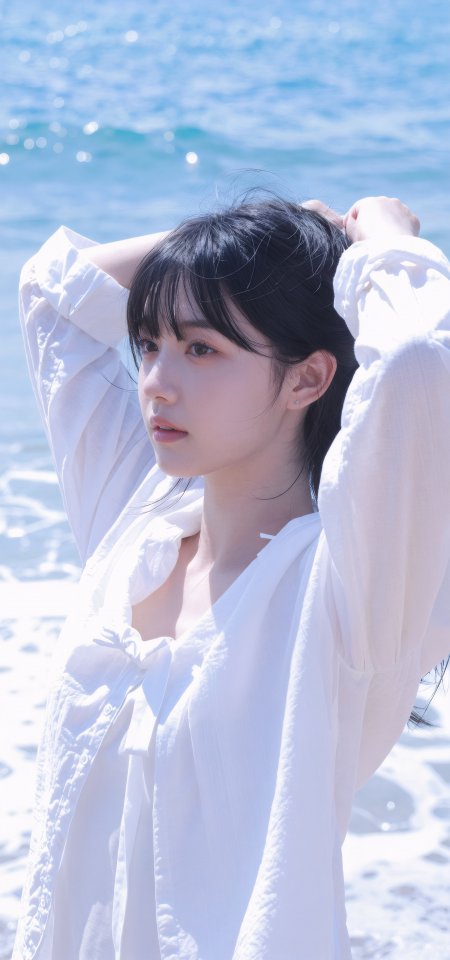 黑发少女白衬衫海边抬手蓝白清新人物摄影手机壁纸