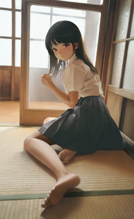 黑发少女白衬衫黑裙日式房间暖光动漫手机壁纸