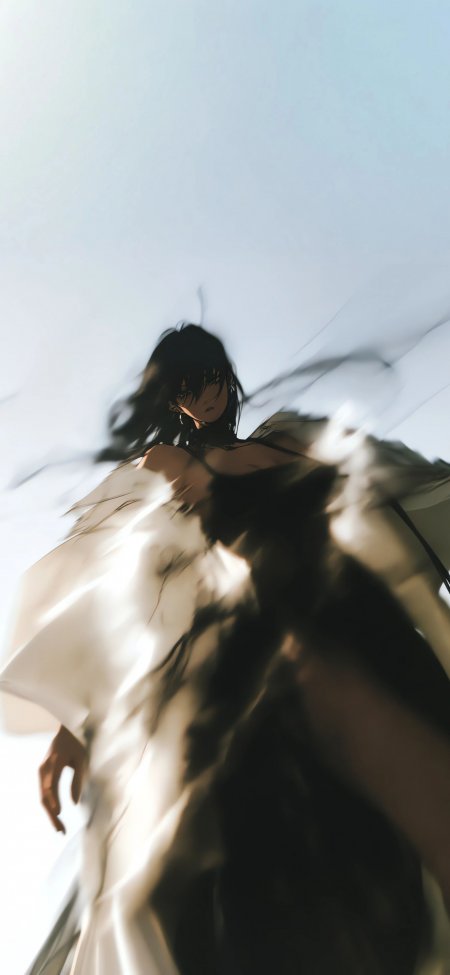 黑发少女白衣飘逸动态模糊蓝白动漫手机壁纸
