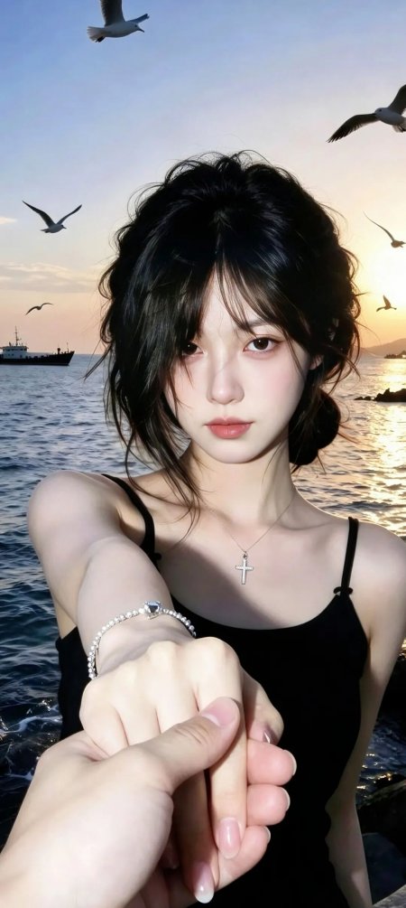 黑发少女牵手海鸥夕阳海边美女暖金人物摄影手机壁纸