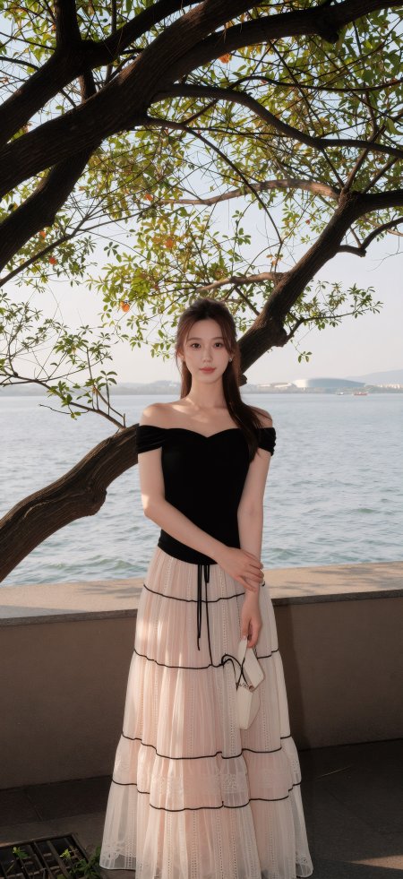 黑裙白纱长裙美女湖畔树影暖金人物摄影手机壁纸