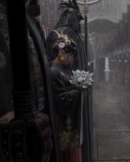 黑衣少女持白花低头雨中古风场景暗灰人文风土手机壁纸