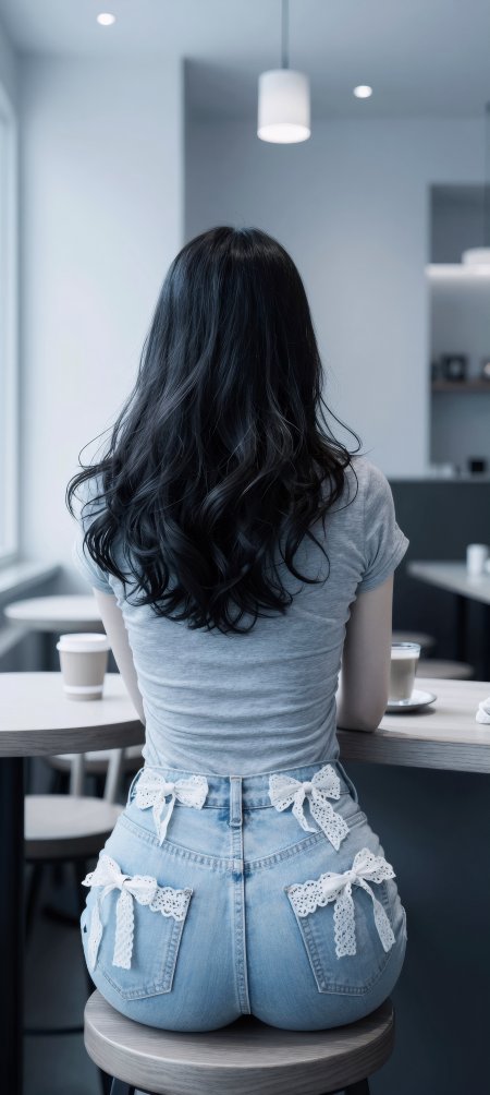 黑长卷发灰T恤牛仔短裤蕾丝蝴蝶结美女蓝灰调人物摄影手机壁纸