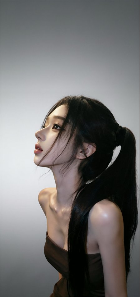 黑长直高马尾侧颜美女暖灰人物摄影手机壁纸