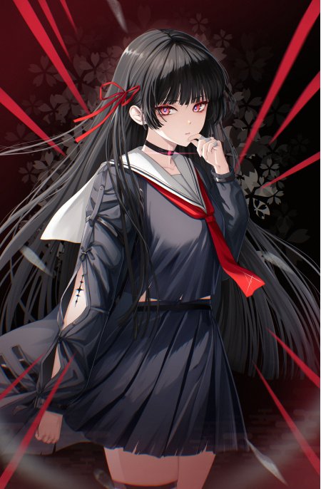 黑长直红瞳少女水手服暗红背景动漫手机壁纸