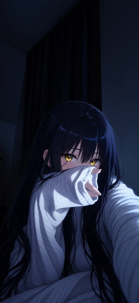 黑长直金瞳少女捂嘴凝视蓝调暗光动漫手机壁纸