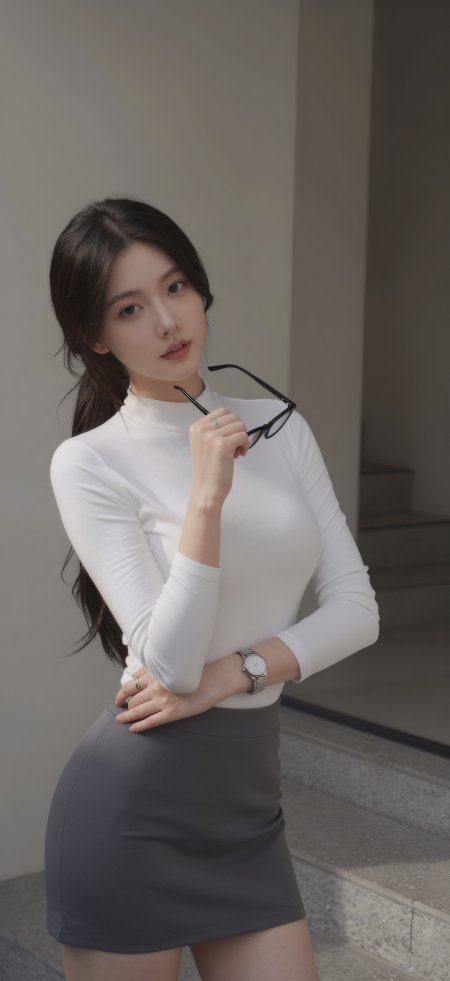 黑长直马尾白高领灰短裙美女简约灰调人物摄影手机壁纸