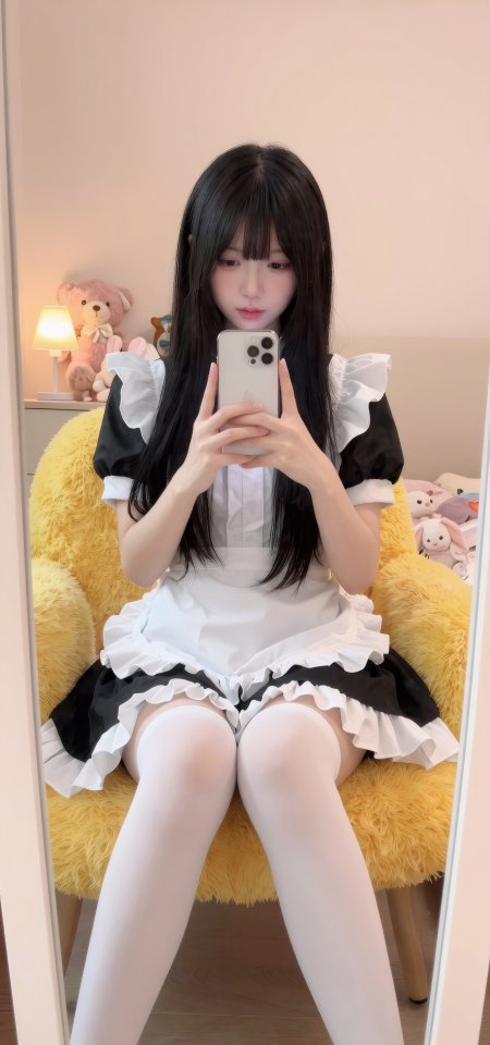 黑长直少女穿黑白女仆装坐毛绒黄椅暖粉人物摄影手机壁纸