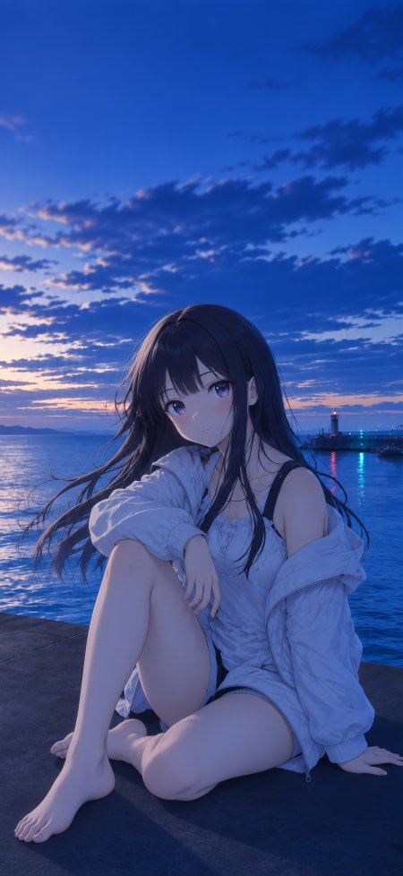 黑长直紫瞳少女坐海堤蓝紫渐变黄昏动漫手机壁纸