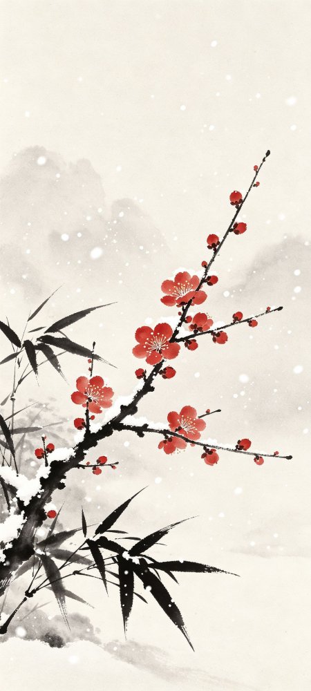 红梅傲雪竹影相伴水墨淡雅古风绘画手机壁纸