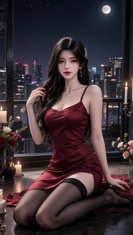 红裙长发少女跪坐窗前月夜烛光暖红动漫手机壁纸