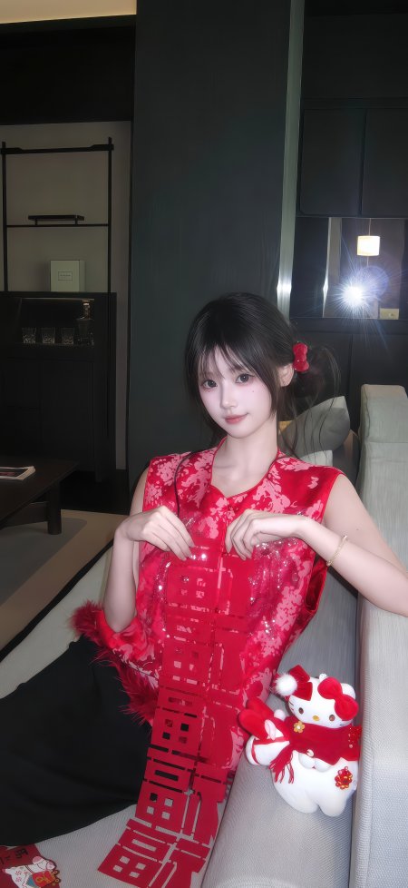 红衣少女手持福字剪纸黑灰室内暖红人物摄影手机壁纸