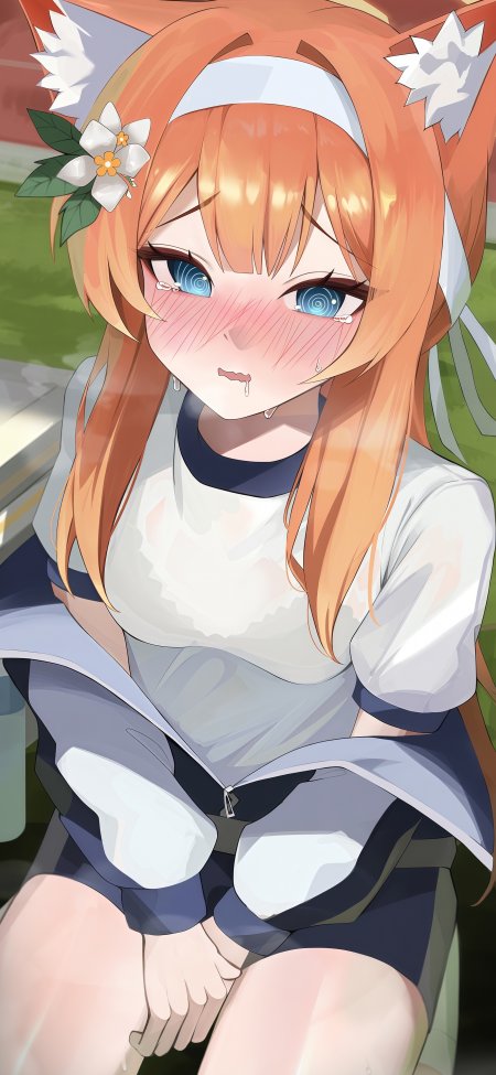 狐耳橙发蓝眼少女含泪微喘粉白动漫手机壁纸