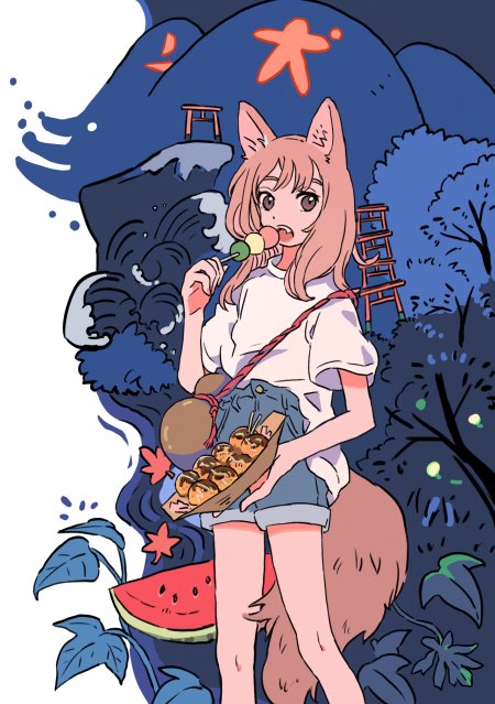 狐耳少女手持团子西瓜夜景蓝紫动漫手机壁纸