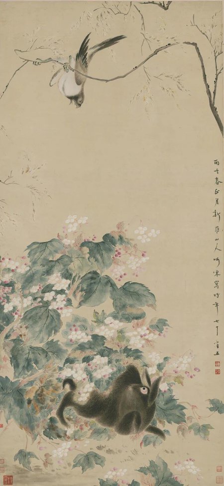 花鸟图中黑兔跃枝白鸟栖梢淡雅古风绘画手机壁纸