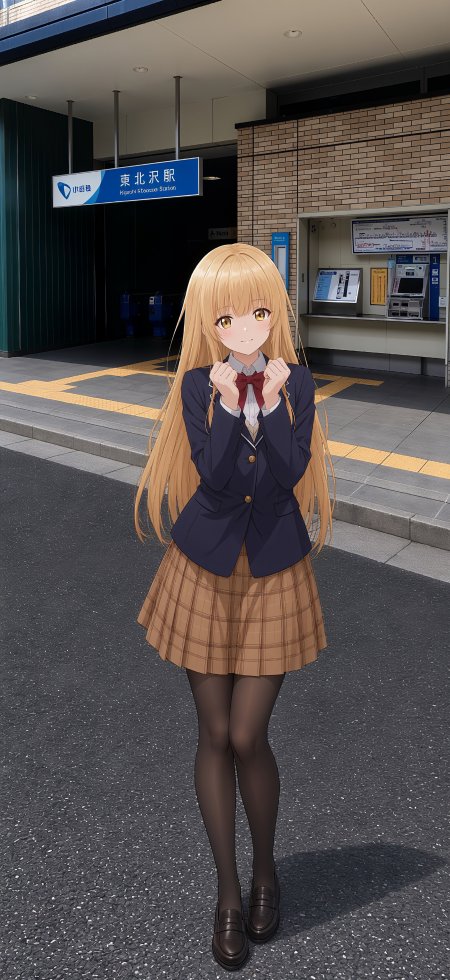 金发少女校服站姿微笑暖光动漫手机壁纸