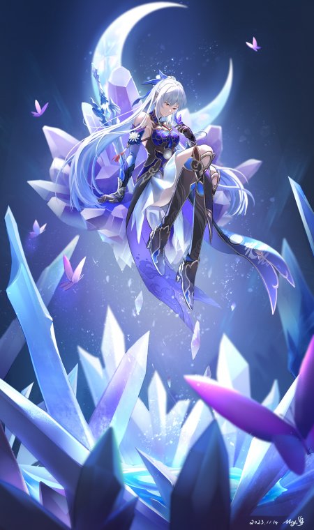 镜流崩坏：星穹铁道冰系女角色紫蓝晶簇月夜奇幻动漫手机壁纸