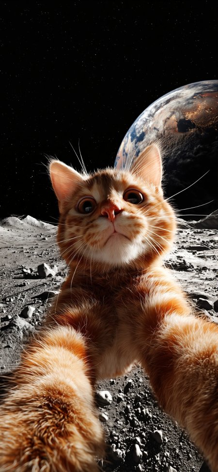 橘色猫猫月球自拍地球背景星空暗黑奇幻动物手机壁纸