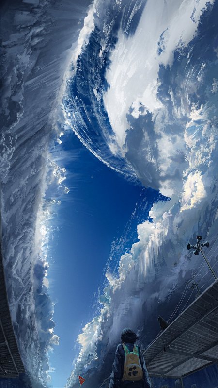 巨浪翻涌天空裂隙少女背影蓝白奇幻风景手机壁纸