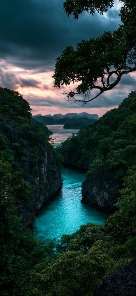 喀斯特峡谷碧水穿林暮色粉紫风景手机壁纸