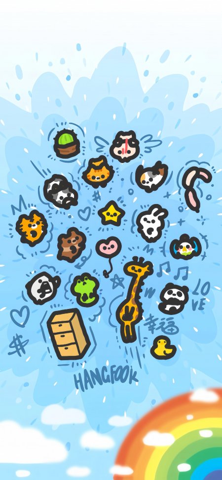 可爱动物表情包飞溅蓝白创意插画手机壁纸