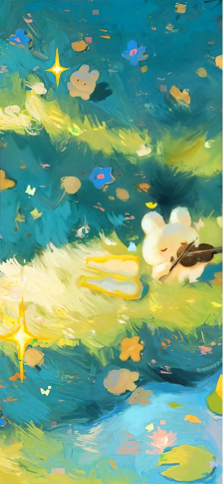 可爱小白兔拉小提琴梦幻蓝绿插画风创意手机壁纸