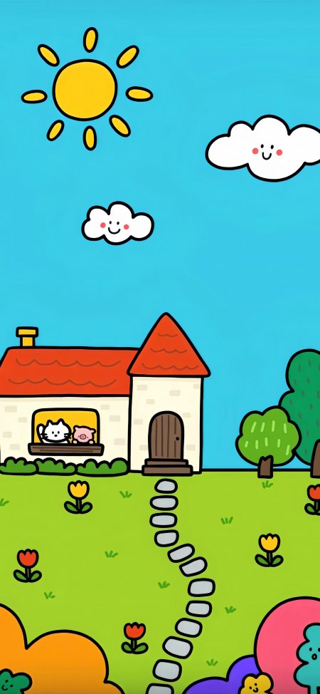 可爱小屋猫咪小猪窗边微笑蓝天白云绿草地卡通壁纸