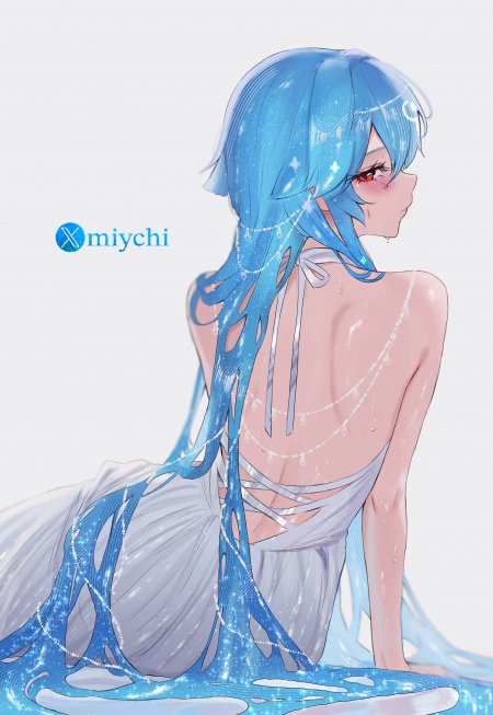 蓝发红瞳少女水珠滑落白裙侧影蓝银色调动漫手机壁纸