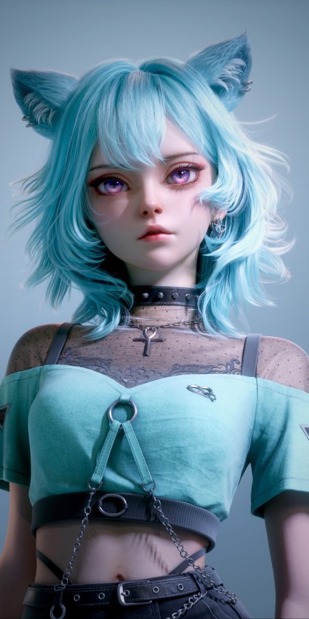蓝发猫耳少女紫瞳冷艳暗黑系动漫手机壁纸