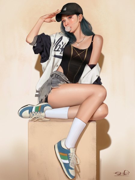 蓝发少女戴黑帽吹泡泡白蓝运动鞋暖米动漫手机壁纸