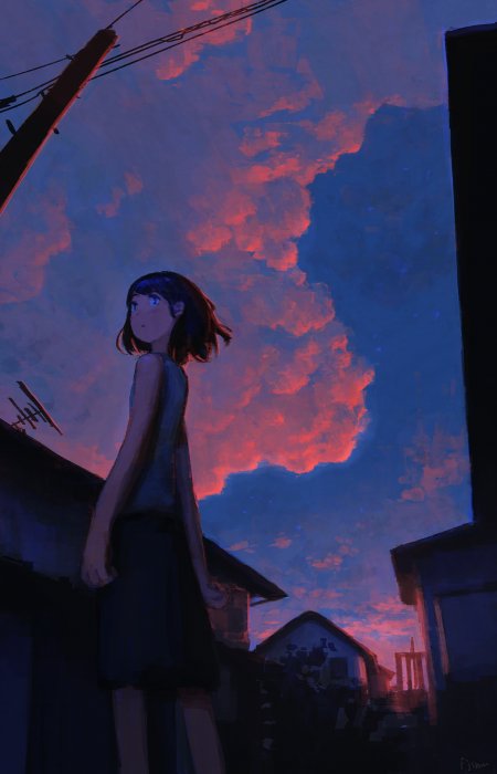 蓝发少女仰望晚霞红云暗紫动漫手机壁纸