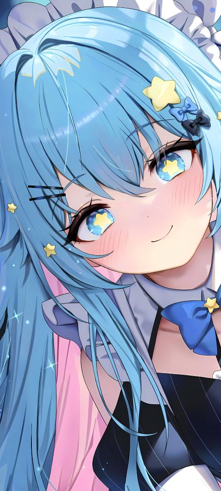 蓝发星眸少女头戴蝴蝶结黄星装饰粉蓝渐变动漫手机壁纸