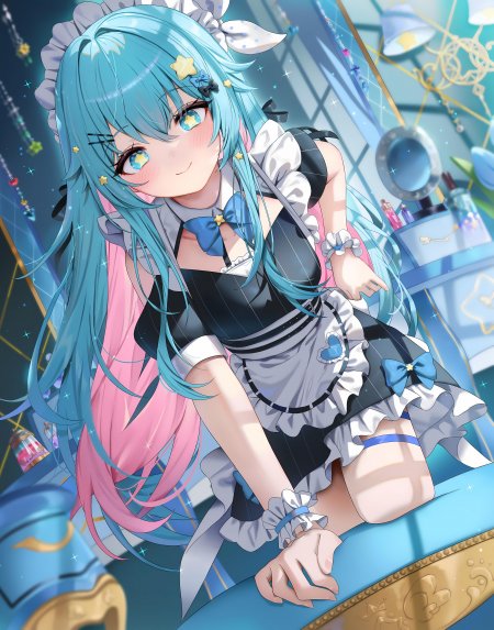 蓝粉双色长发星眸少女黑裙蓝饰梦幻唯美动漫手机壁纸