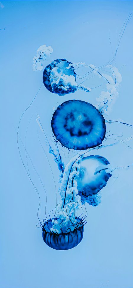 蓝色水母群游动透明触须深蓝浅蓝海洋生物创意手机壁纸