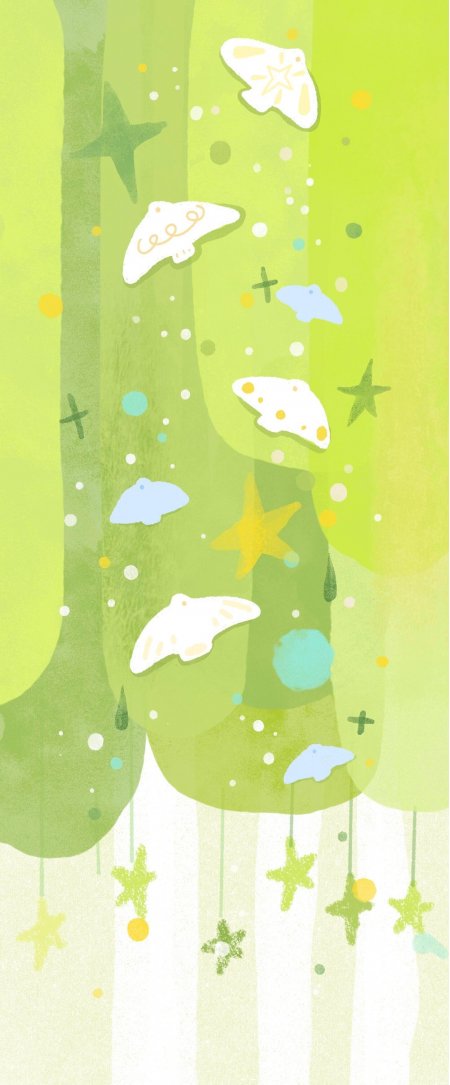 绿色森林背景白蝶飞舞星星点缀清新插画风格创意手机壁纸