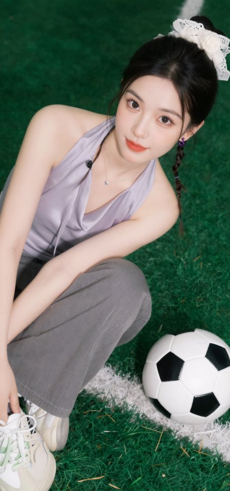 美女蹲坐绿茵场旁足球白紫灰调人物摄影手机壁纸