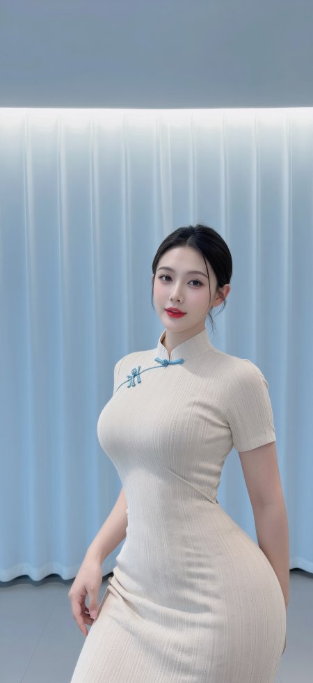 美女身穿米白竖条纹旗袍蓝扣红唇浅蓝背景人物摄影手机壁纸