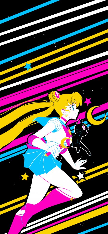 美少女战士水冰月奔跑持杖黑猫相伴蓝粉黄霓虹动漫手机壁纸