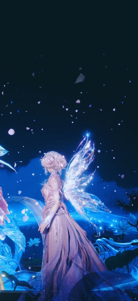 梦幻精灵少女粉紫长裙发光羽翼蓝夜奇幻动漫手机壁纸