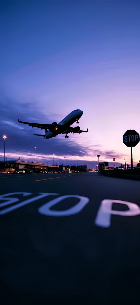 民航客机低空起飞紫蓝渐变天空机场跑道飞机手机壁纸