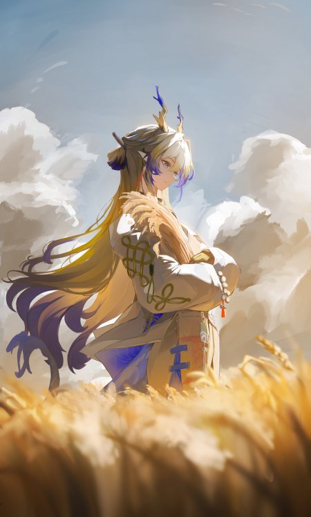 明日方舟黍国风龙角少女伫立麦田插画手机壁纸