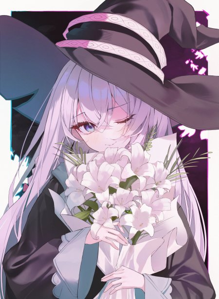 魔女少女银发紫瞳持白百合花束粉紫动漫手机壁纸