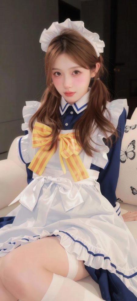 女仆装少女双马尾黄橙蝴蝶结蓝白制服甜美动漫手机壁纸