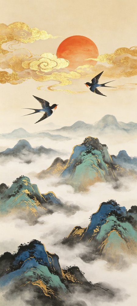 青绿山水云海飞燕金辉古风唯美绘画手机壁纸