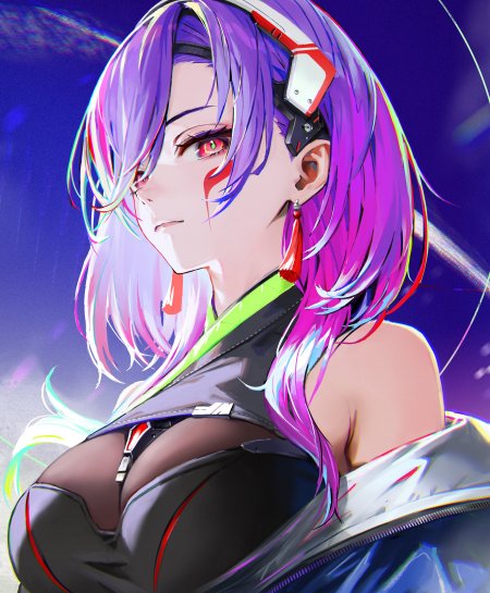 赛博朋克紫发红瞳少女霓虹紫蓝动漫手机壁纸