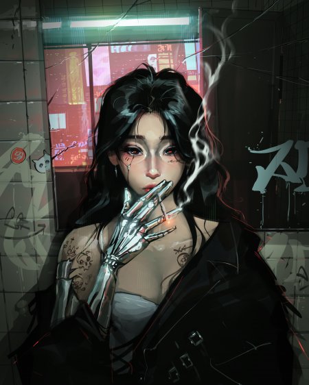 赛博朋克少女机械义手烟雾缭绕暗红霓虹动漫手机壁纸