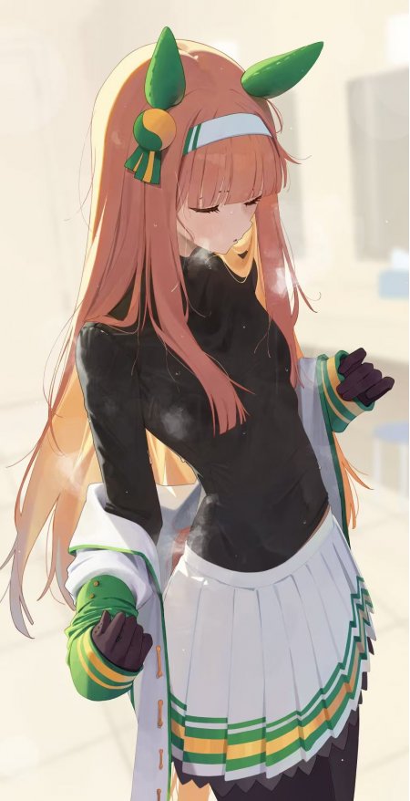 赛马娘无声铃鹿粉发绿角少女闭眼微笑暖光动漫手机壁纸