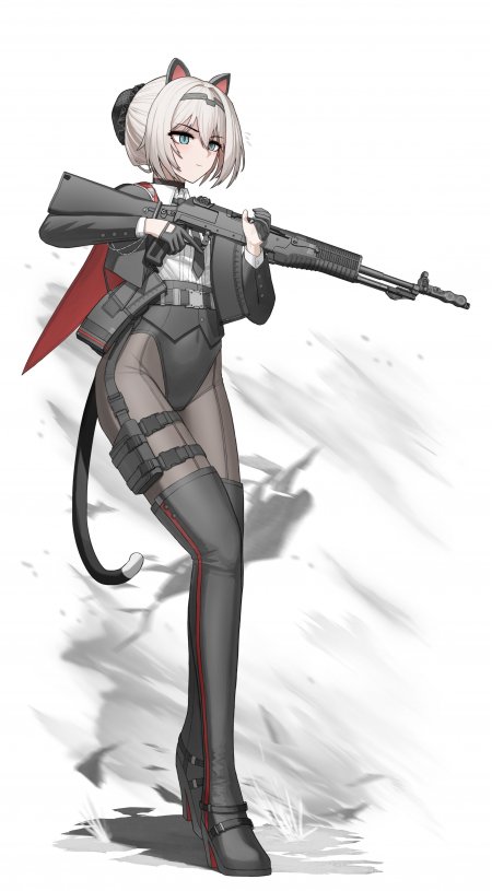 少女持突击步枪猫耳制服灰红动漫手机壁纸
